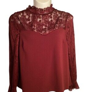 Plus Size Red Lace Ruffled Long Sleeve Blouse, Size1X